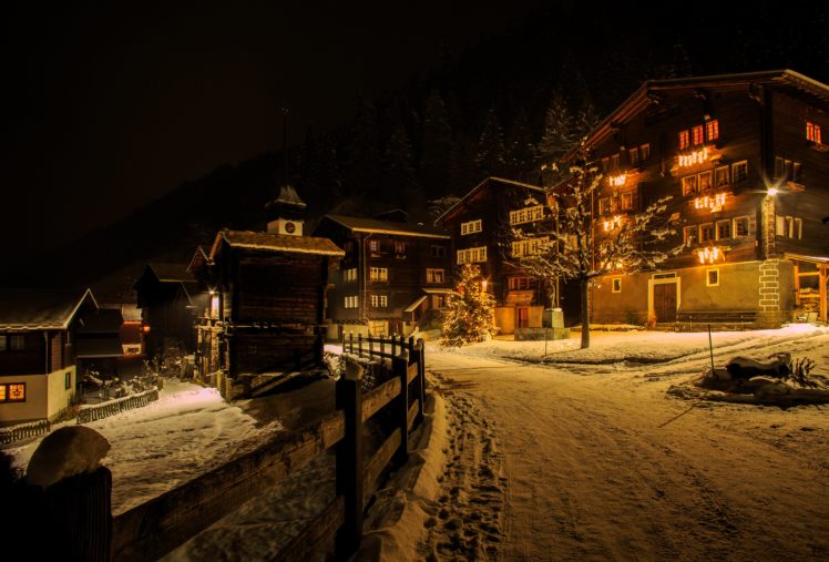 switzerland, Houses, Winter, Roads, Night, Street, Lights, Snow, Niederwald, Cities HD Wallpaper Desktop Background