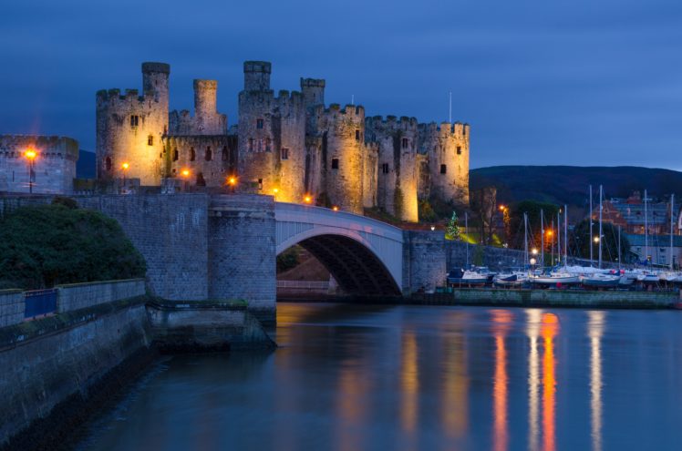 united, Kingdom, Castle, Rivers, Bridges, Night, Conwy, Castle, Wales, Cities HD Wallpaper Desktop Background