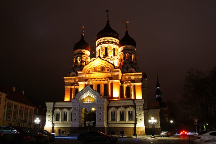estonia, Temples, Night, Street, Lights, Tallinn, Alexander, Nevsky, Cathedral, Cities HD Wallpaper Desktop Background