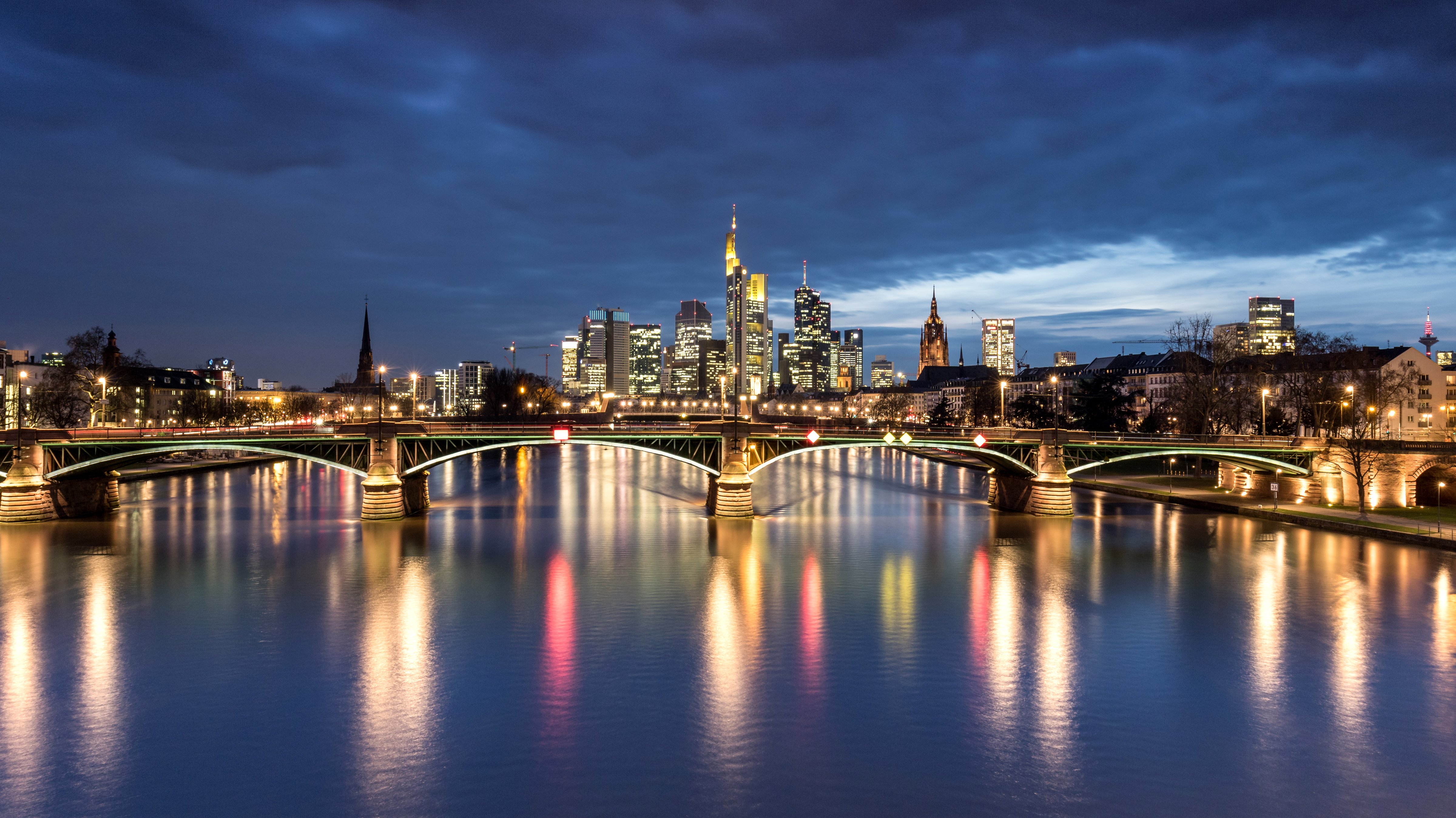 germany, Houses, Rivers, Bridges, Night, Street, Lights, Frankfurt, Cities Wallpaper