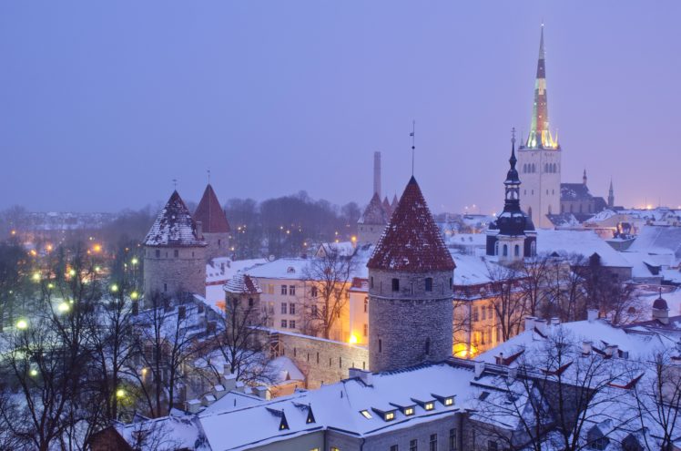 estonia, Houses, Winter, Night, Tallinn, Cities HD Wallpaper Desktop Background