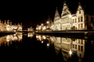 houses, Rivers, Belgium, Night, Ghent, Cities