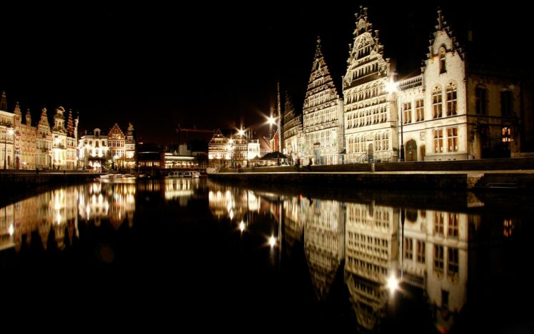 houses, Rivers, Belgium, Night, Ghent, Cities HD Wallpaper Desktop Background