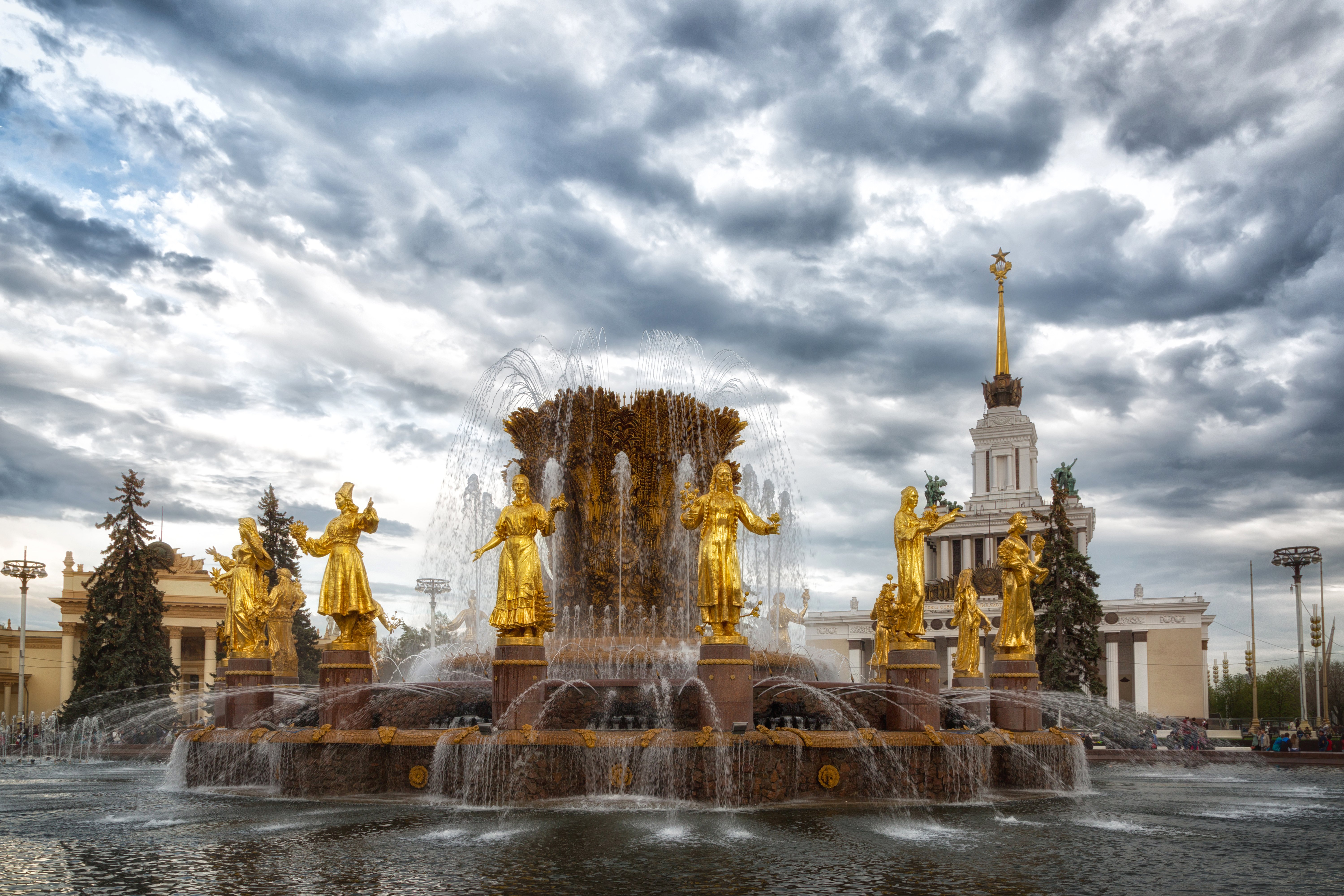 russia, Moscow, Parks, Fountain, Sculptures, Clouds, Vdnh, Cities Wallpaper