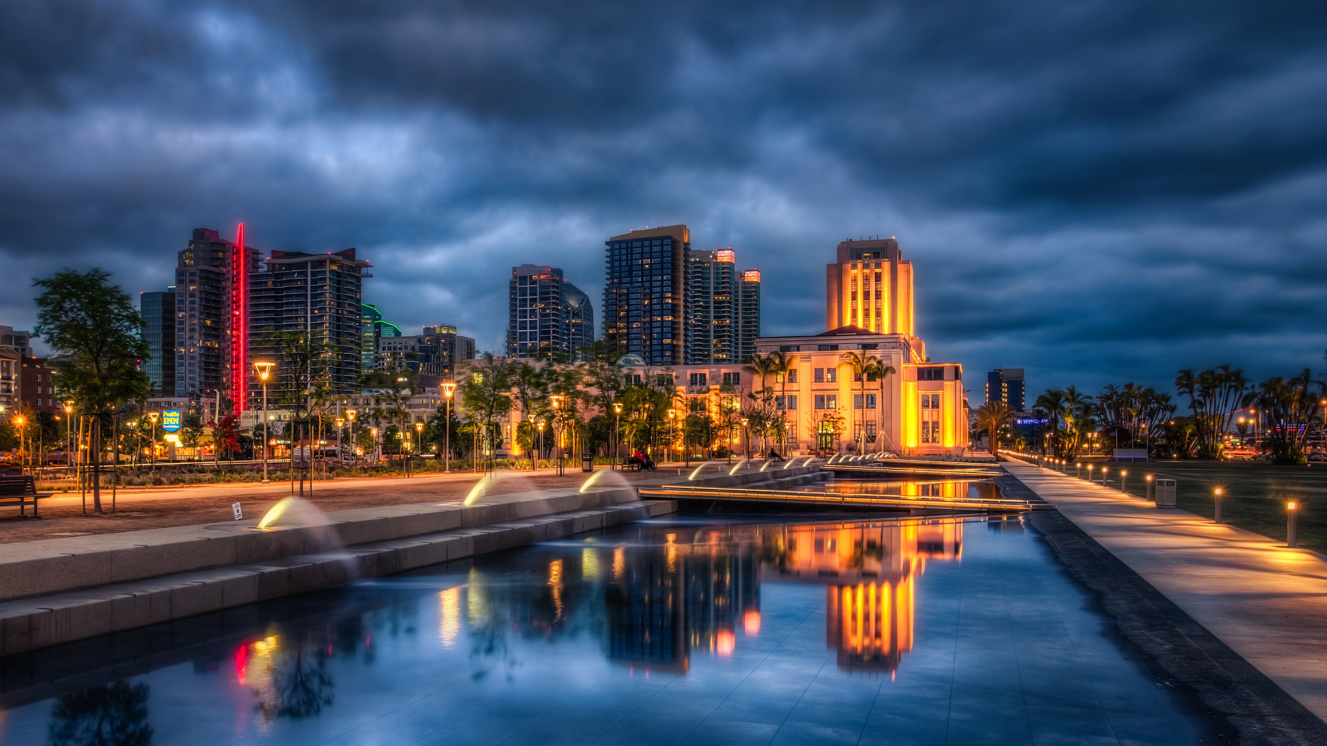 usa, Houses, Fountains, San, Diego, Night, Street, Lights, Hdr, Cities Wallpaper