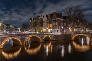 amsterdam, Netherlands, Houses, Bridges, Canal, Night, Street, Lights, Cities