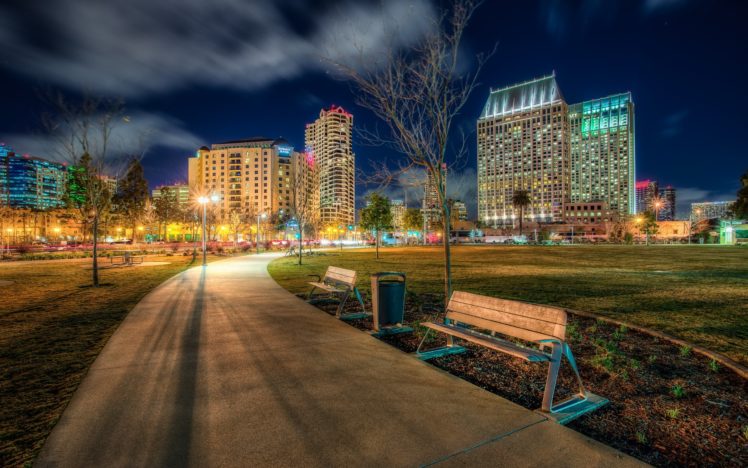 parks, Houses, Usa, Hdr, Night, Bench, Pavement, California, San, Diego, Marina, Ruocco, Cities HD Wallpaper Desktop Background