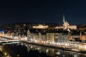switzerland, Houses, Rivers, Night, Street, Lights, Canal, Zurich, Cities