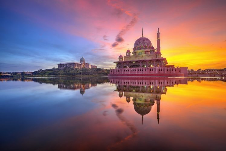 evening, Malaysia, Lake, Temples, Putrajaya, Cities HD Wallpaper Desktop Background