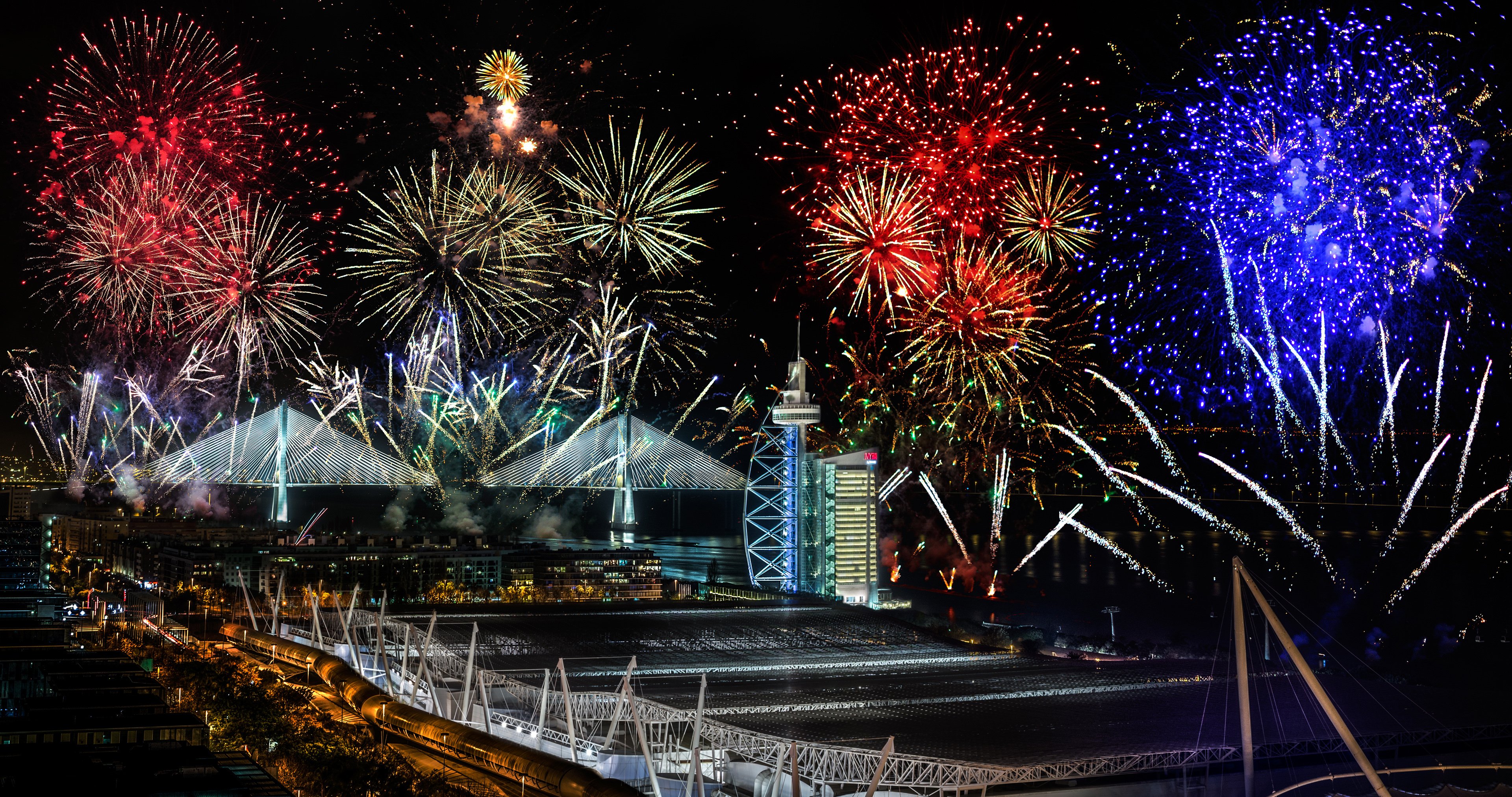 fireworks, Bridges, Portugal, Night, Lisbon, Vasco, Da, Gama, Cities Wallpaper