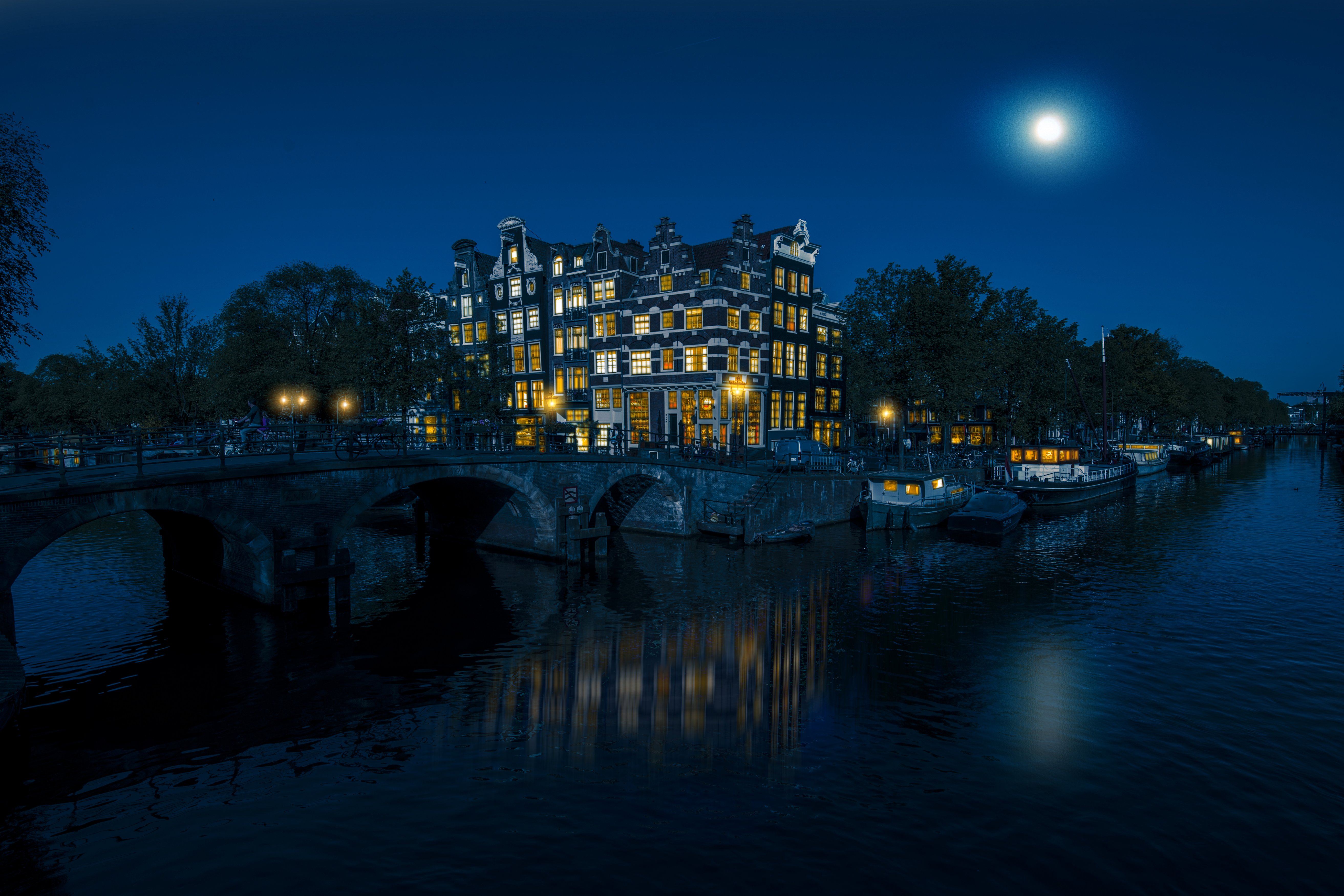 amsterdam, Netherlands, Houses, Bridges, Marinas, Canal, Moon, Night, Cities Wallpaper