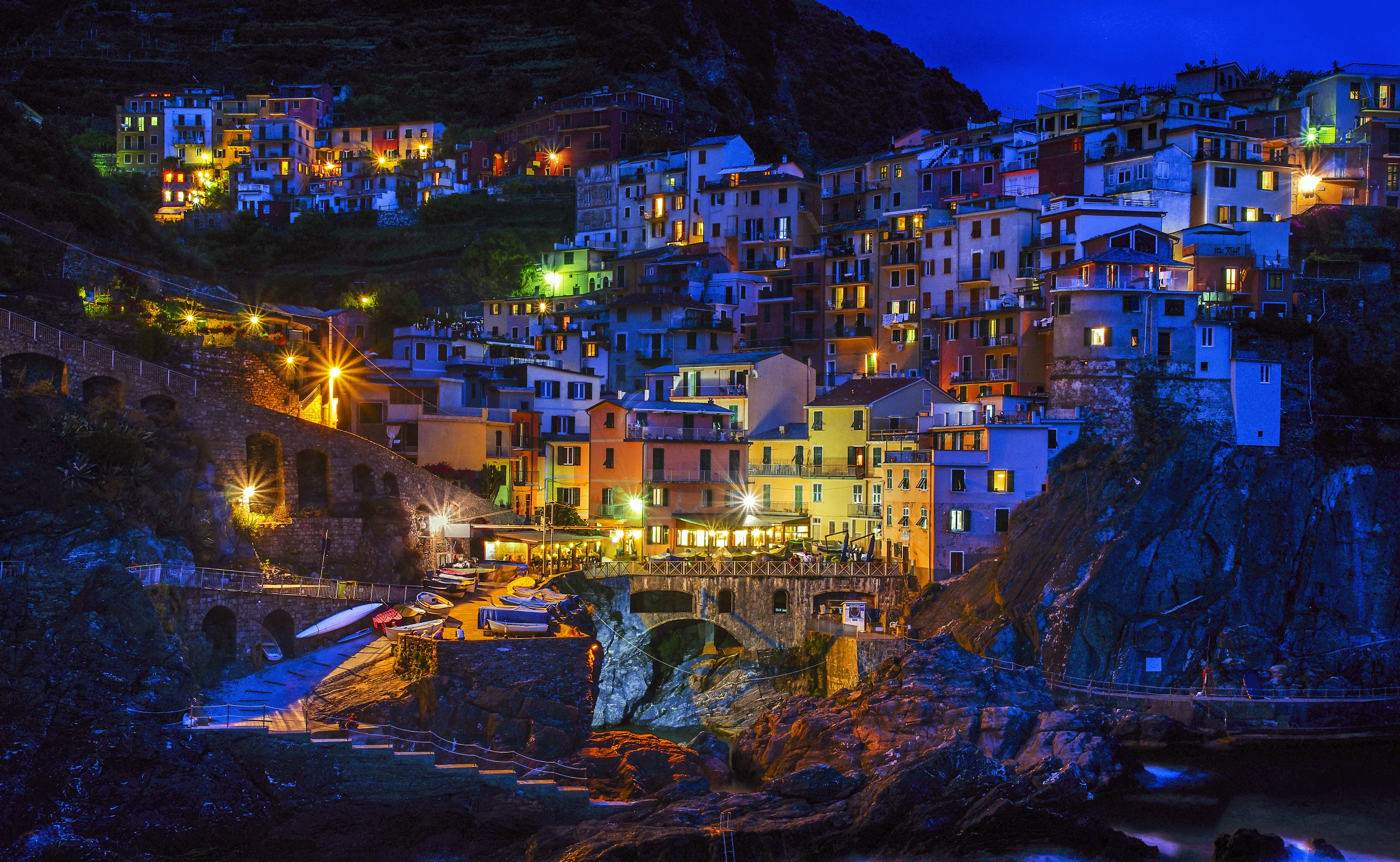 italy, Houses, Crag, Night, Street, Lights, Manarola, Cities Wallpaper
