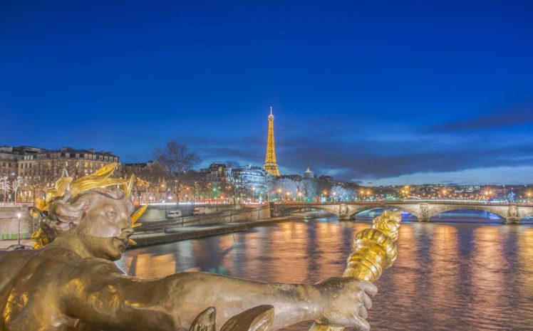 bridges, Sky, Sculptures, France, Rivers, Eiffel, Tower, Night, Paris, Seine, Cities HD Wallpaper Desktop Background