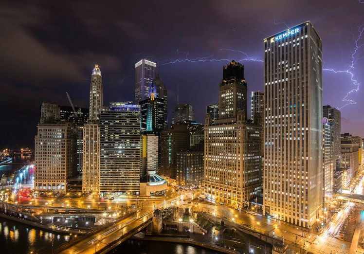 houses, Usa, Night, Lightning, Chicago, City, Cities HD Wallpaper Desktop Background