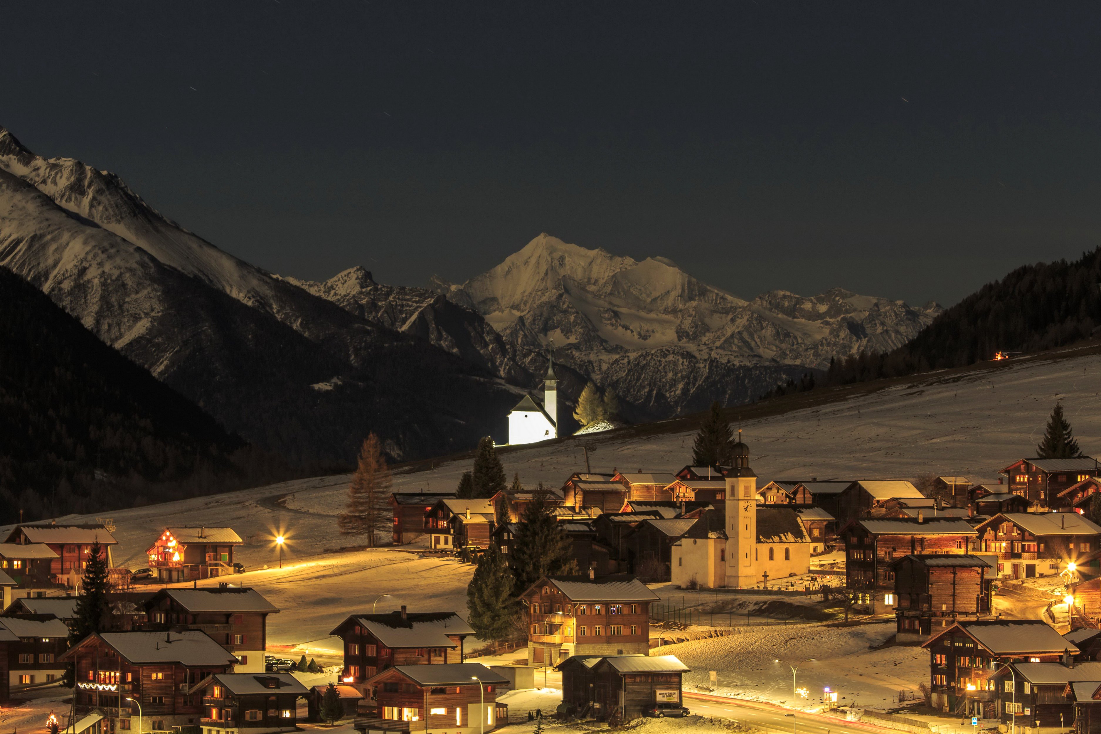 switzerland, Houses, Mountains, Winter, Snow, Night, Street, Lights, Bergdorf, Cities Wallpaper