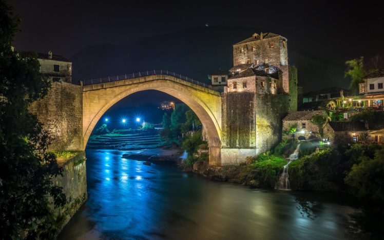 bridges, Rivers, Bosnia, And, Herzegovina, Night, Mostar, Cities HD Wallpaper Desktop Background
