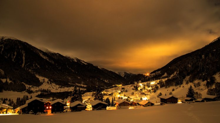 switzerland, Houses, Mountains, Winter, Snow, Night, Street, Lights, Grafschaft, Goms, Cities HD Wallpaper Desktop Background