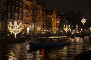 amsterdam, Netherlands, Houses, Motorboat, Street, Canal, Night, Street, Lights, Fairy, Lights, Cities