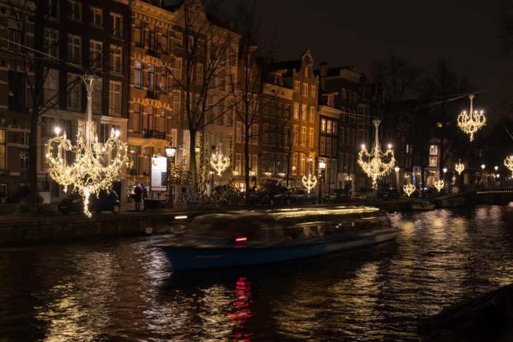 amsterdam, Netherlands, Houses, Motorboat, Street, Canal, Night, Street, Lights, Fairy, Lights, Cities HD Wallpaper Desktop Background