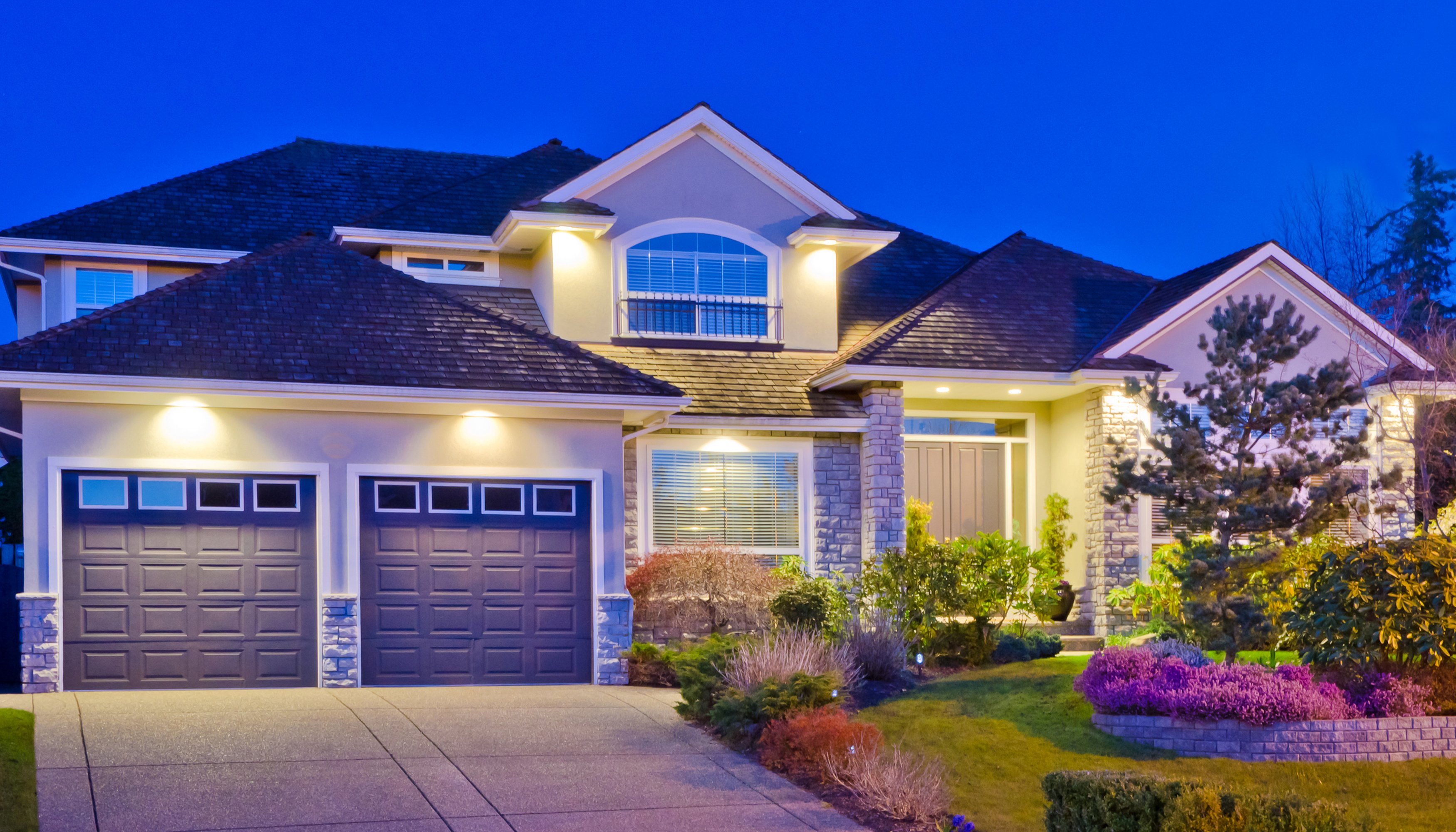houses, Mansion, Design, Shrubs, Fir, Night, Street, Lights, Garage, Cities Wallpaper