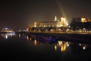 poland, Houses, Rivers, Marinas, Motorboat, Night, Krakow, Cities