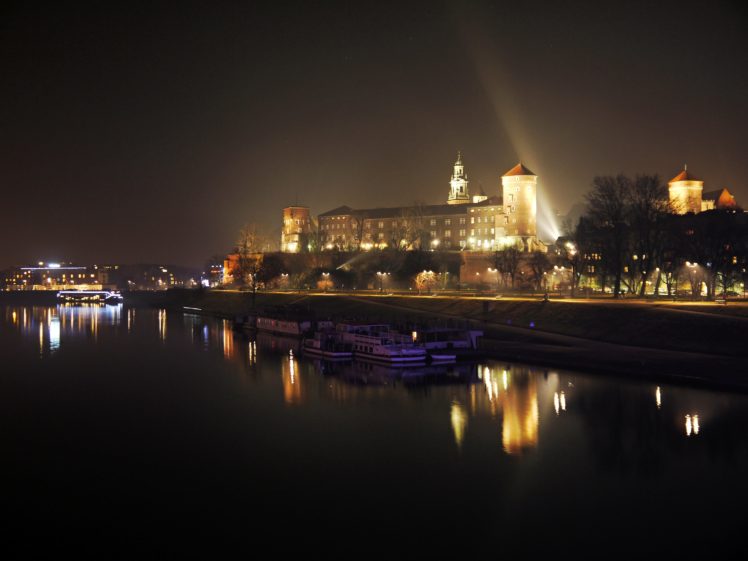 poland, Houses, Rivers, Marinas, Motorboat, Night, Krakow, Cities HD Wallpaper Desktop Background