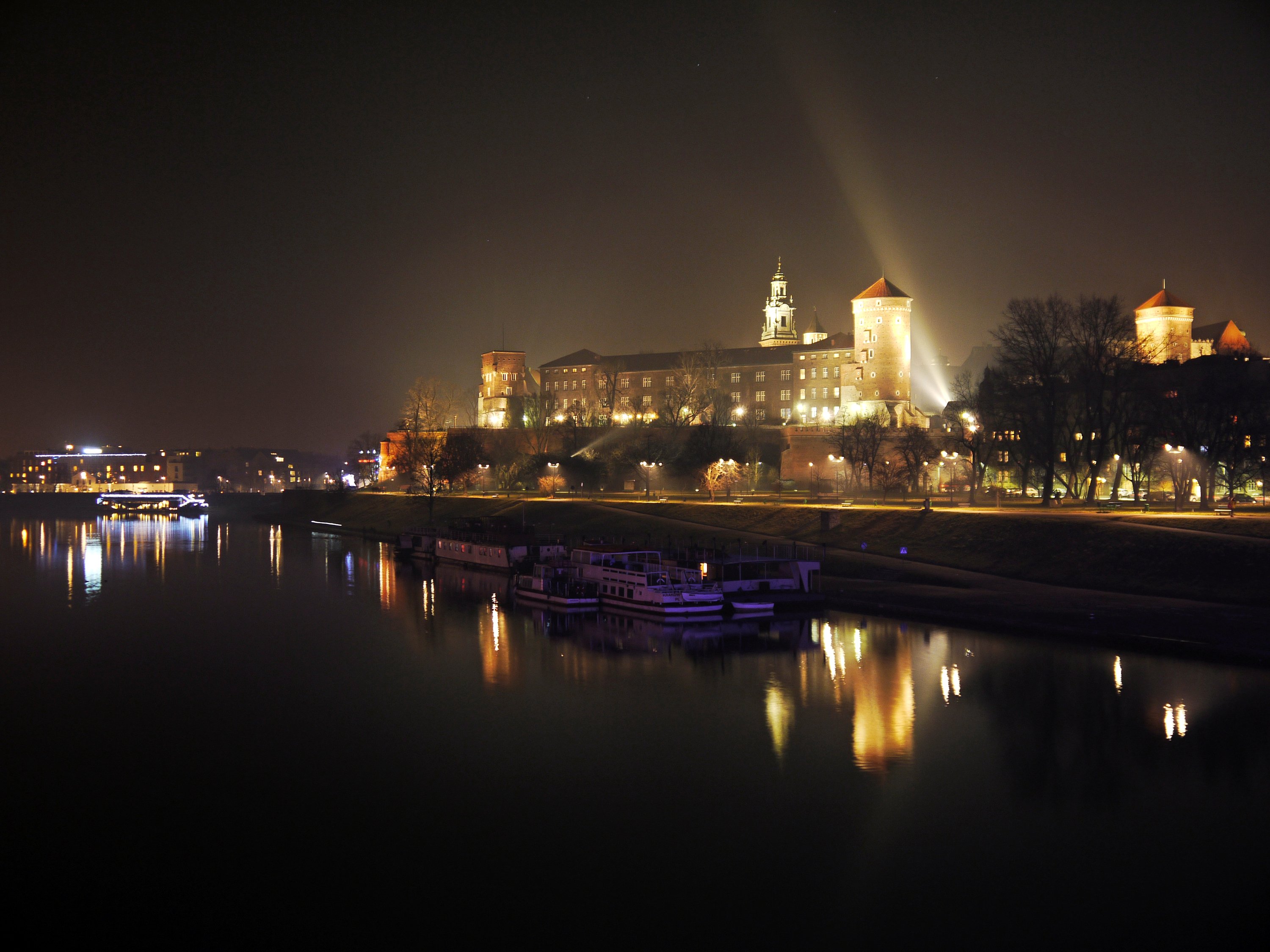 poland, Houses, Rivers, Marinas, Motorboat, Night, Krakow, Cities Wallpaper