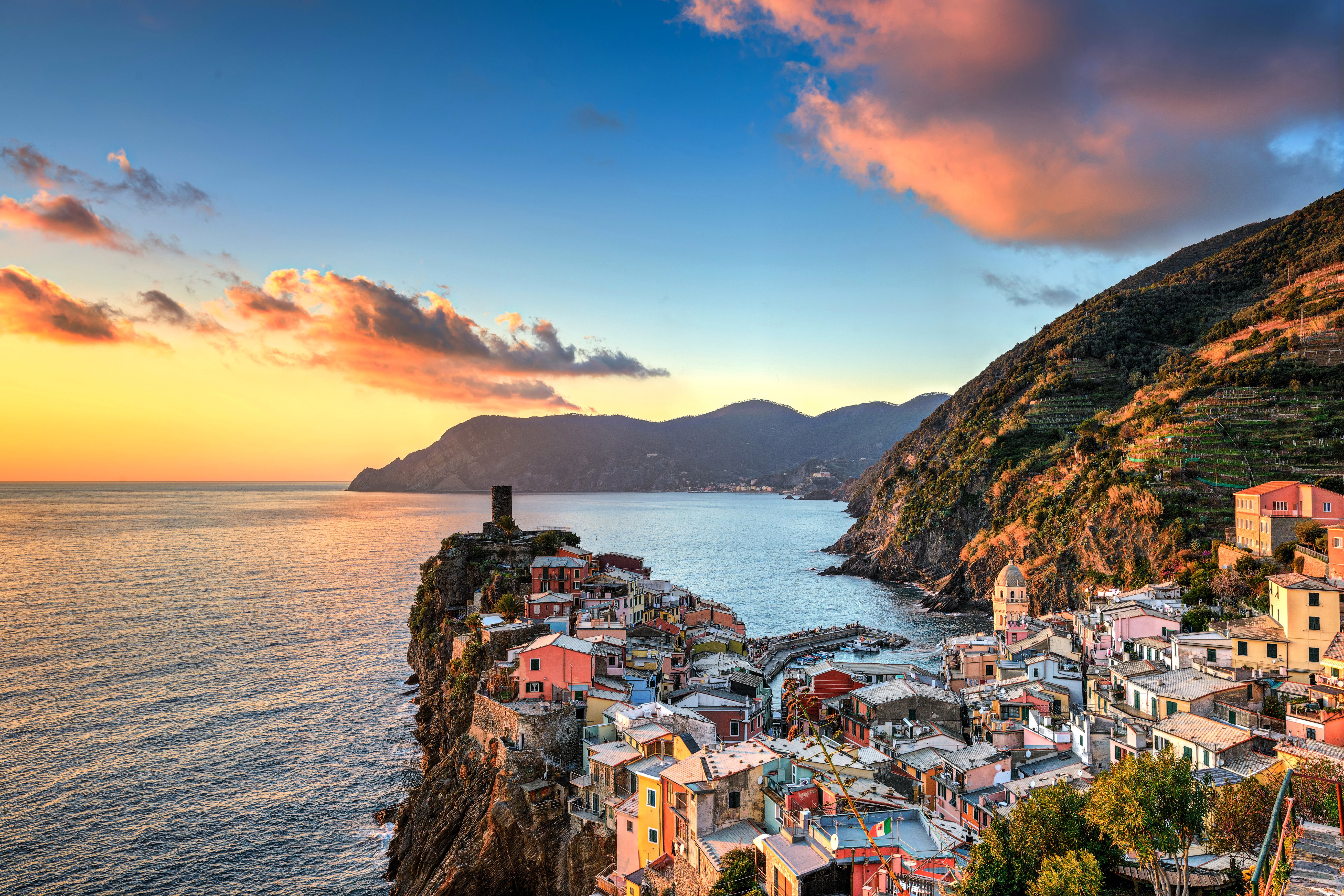 italy, Houses, Coast, Mountains, Sky, Clouds, Vernazza, Cities