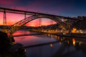portugal, Houses, Rivers, Bridges, Evening, Street, Lights, Porto, Cities
