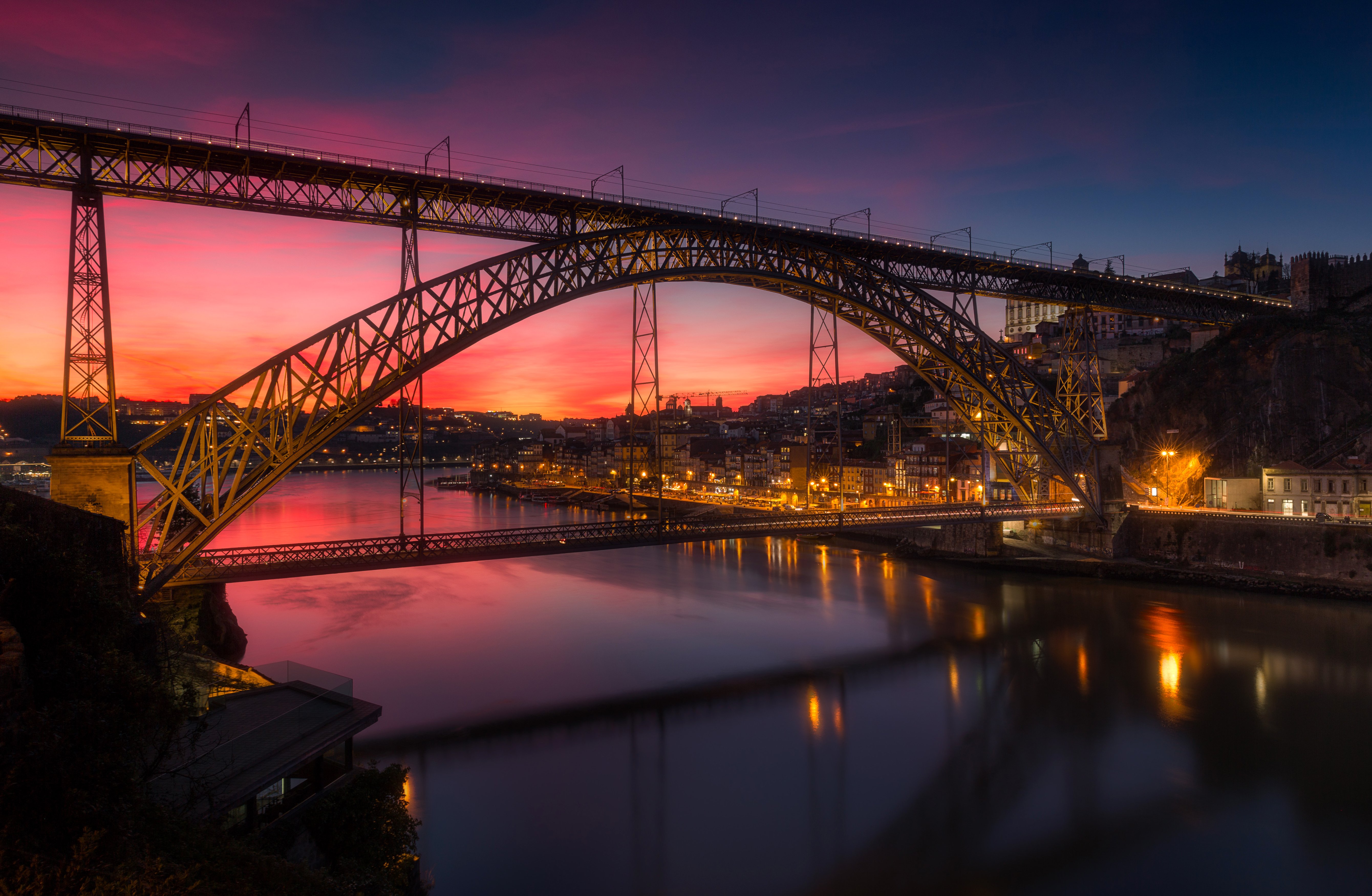 portugal, Houses, Rivers, Bridges, Evening, Street, Lights, Porto, Cities Wallpaper