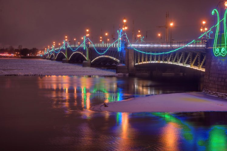 st, Petersburg, Russia, Winter, Rivers, Bridges, Night, Street, Lights, Cities HD Wallpaper Desktop Background