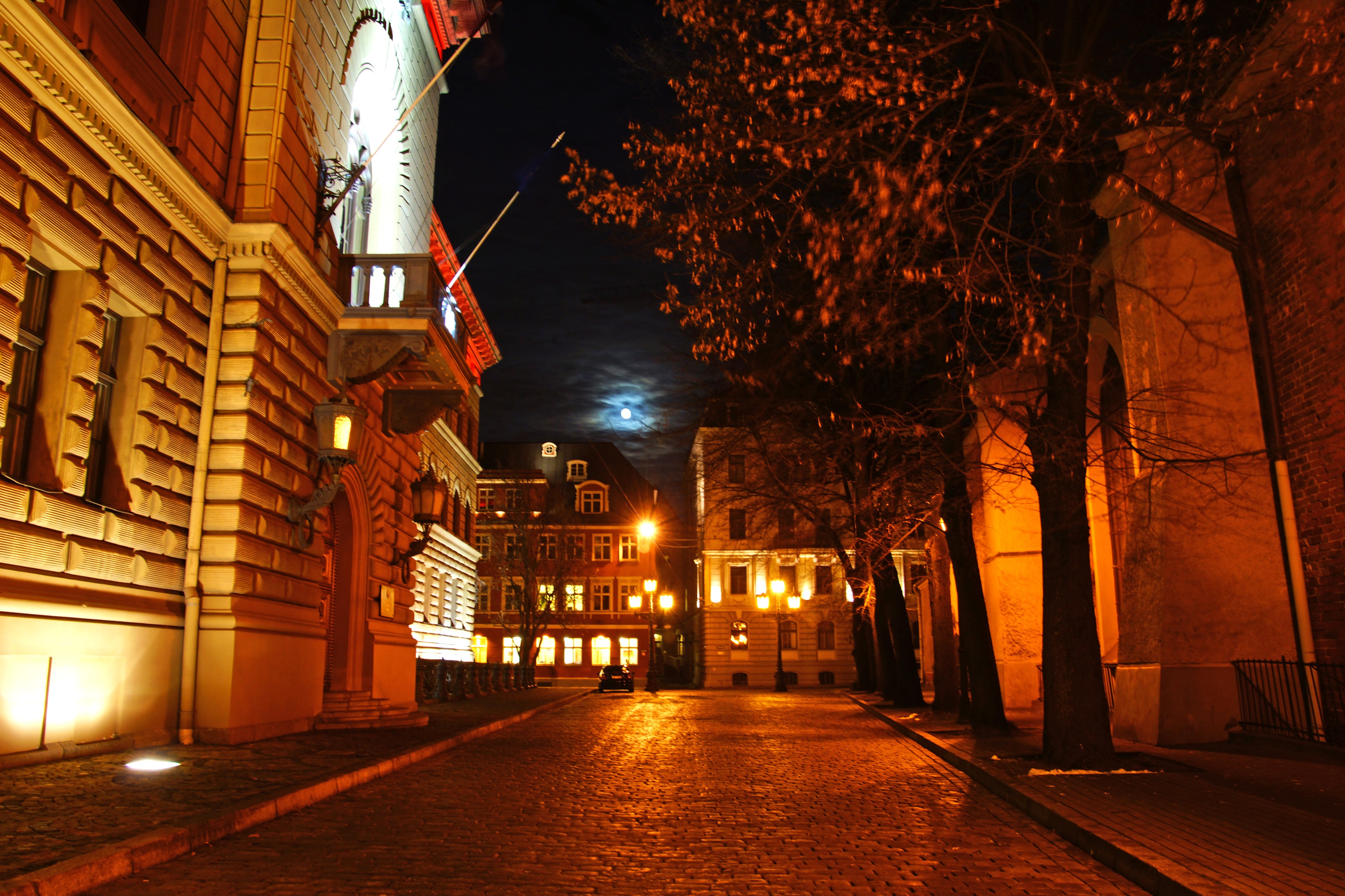 latvia, Houses, Street, Night, Street, Lights, Riga, Cities Wallpaper