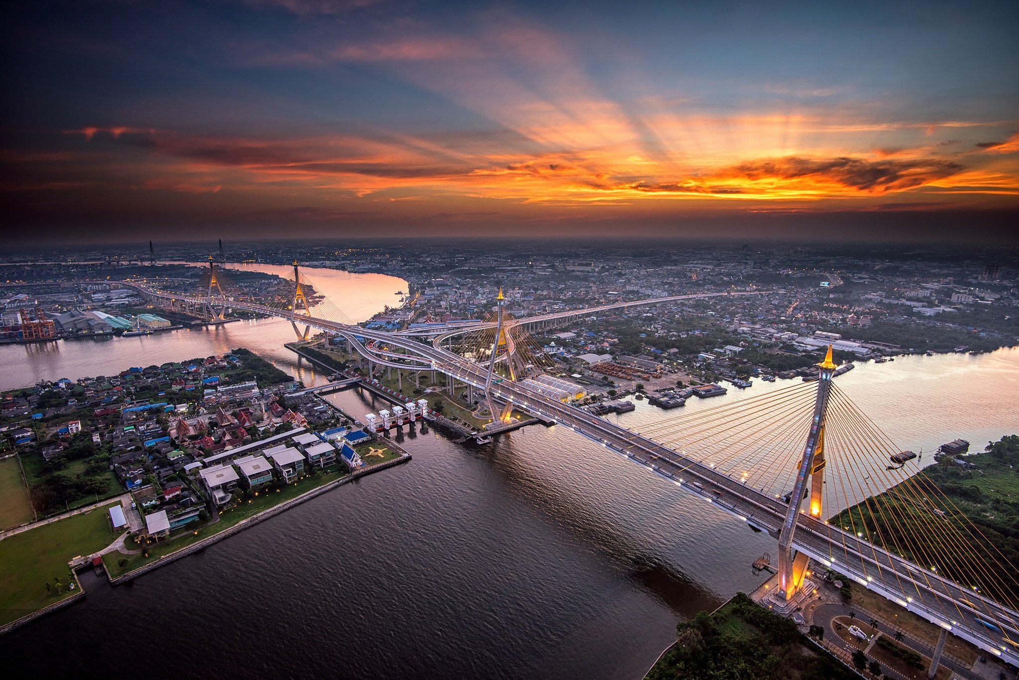 evening, Bridges, Rivers, Bangkok, From, Above, Chao, Phraya, River, Cities Wallpaper