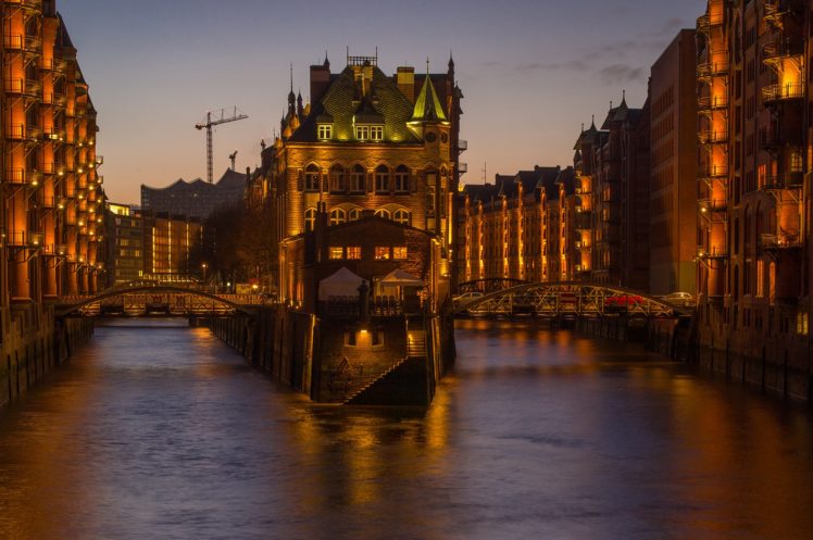 germany, Houses, Bridges, Hamburg, Canal, Night, Cities HD Wallpaper Desktop Background