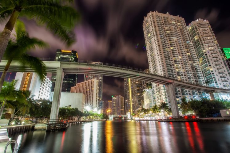 houses, Bridges, Usa, Night, Canal, Miami, Cities HD Wallpaper Desktop Background