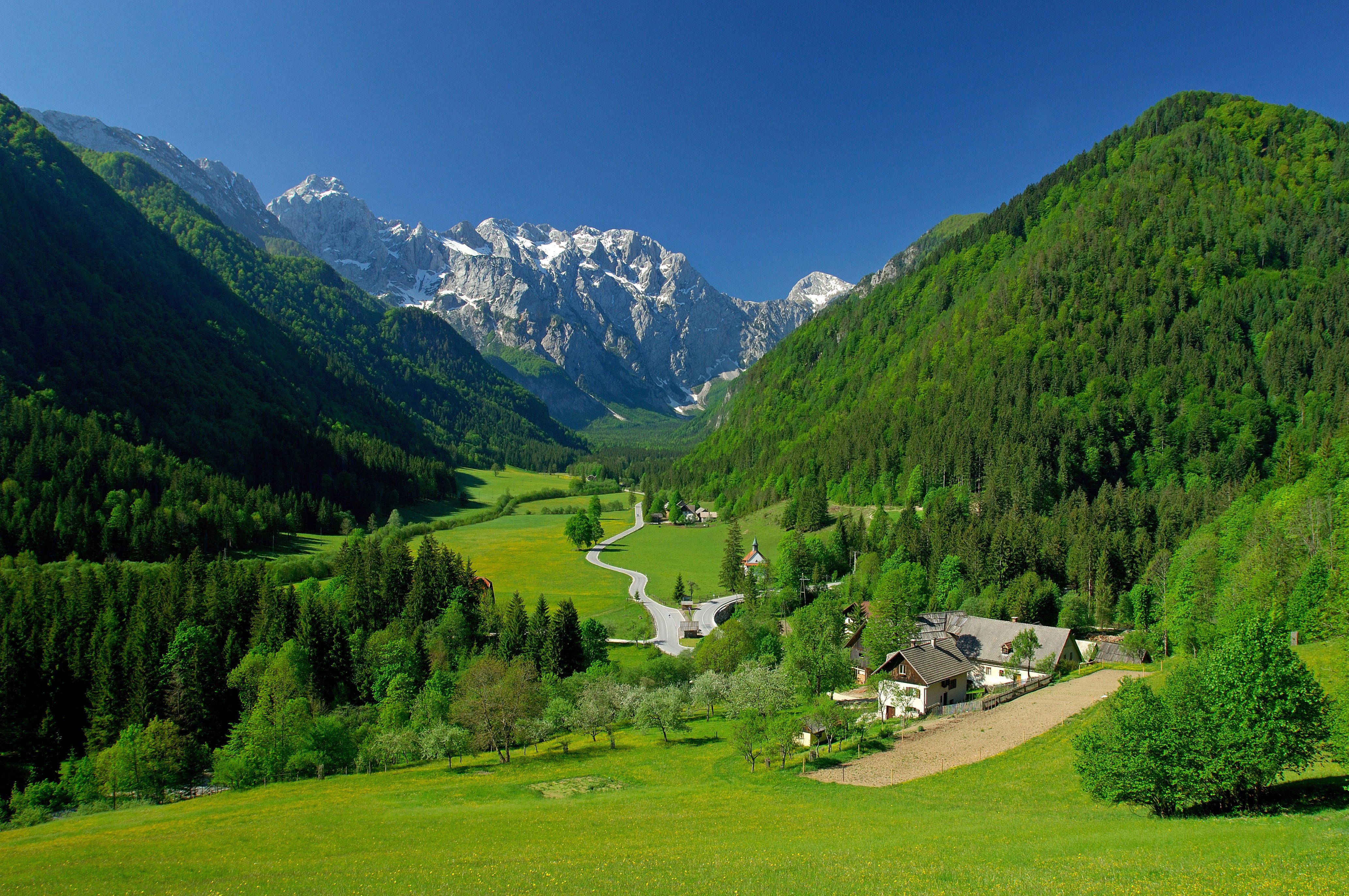 spring, Alpine, Valley, Mountains, Fields, Landscape Wallpaper