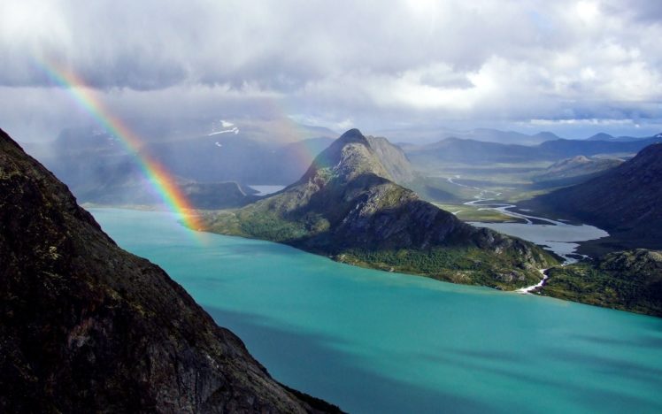 beautiful, Nature, Rainbow, Ocean, Mountains, Land, Relief, Landscape, Sky, Clouds, River, Coast HD Wallpaper Desktop Background