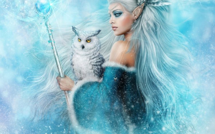 girl, Elf, Owl, Magic, Fantasy, Blue, Animal HD Wallpaper Desktop Background