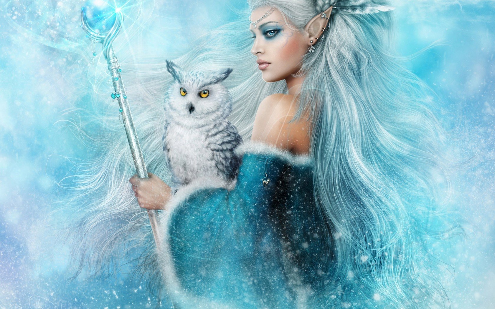 girl, Elf, Owl, Magic, Fantasy, Blue, Animal Wallpaper
