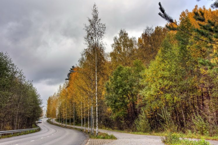 finland, Road, Wood, Asphalt, Trees, Autumn, Cloudy, Car HD Wallpaper Desktop Background