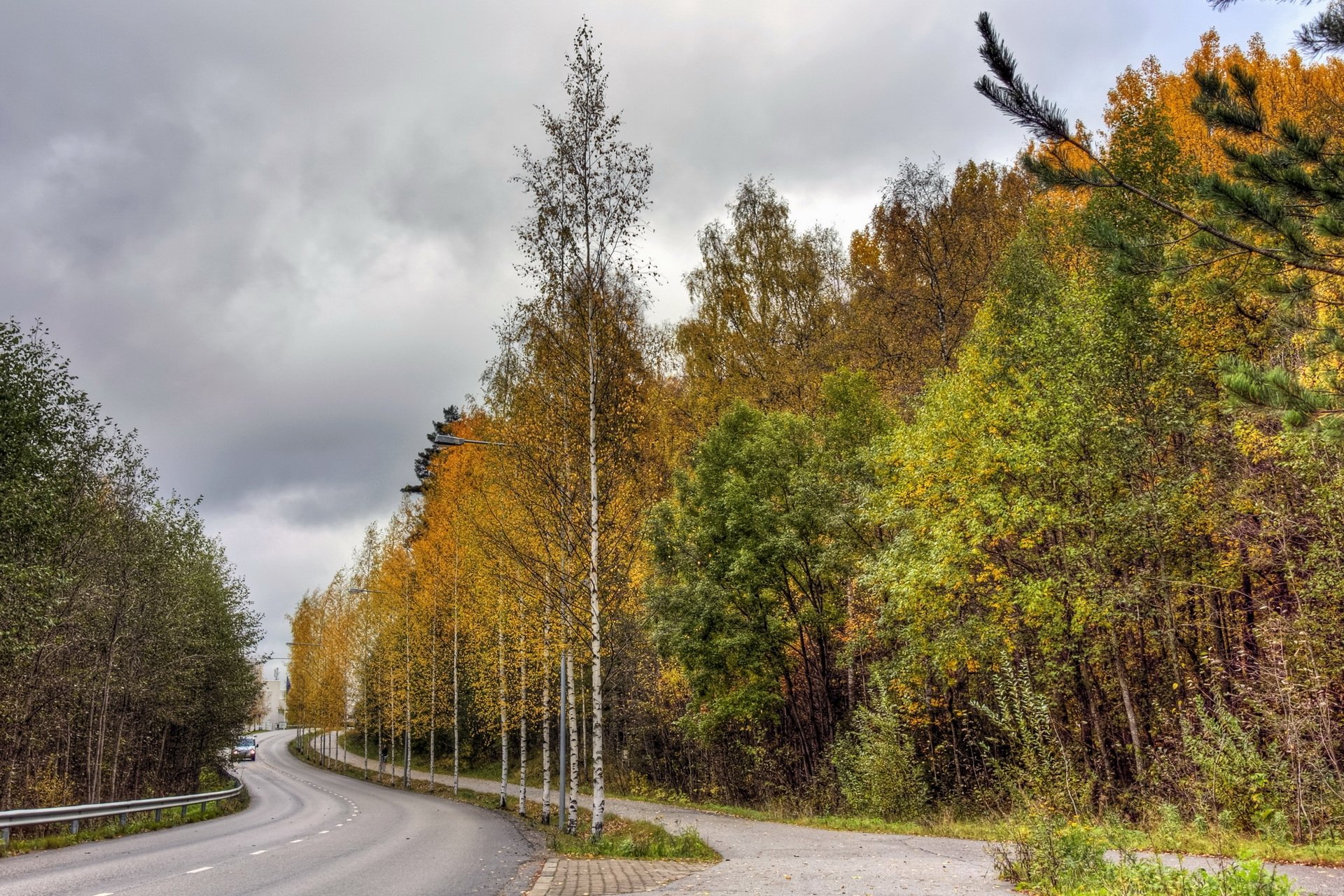 finland, Road, Wood, Asphalt, Trees, Autumn, Cloudy, Car Wallpaper