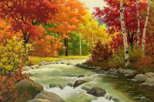 autumn, Landscape, Painting, River, Wood