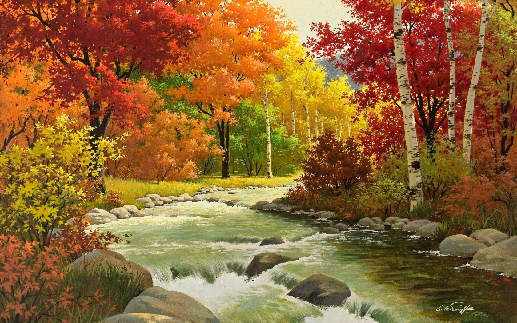 autumn, Landscape, Painting, River, Wood Wallpaper