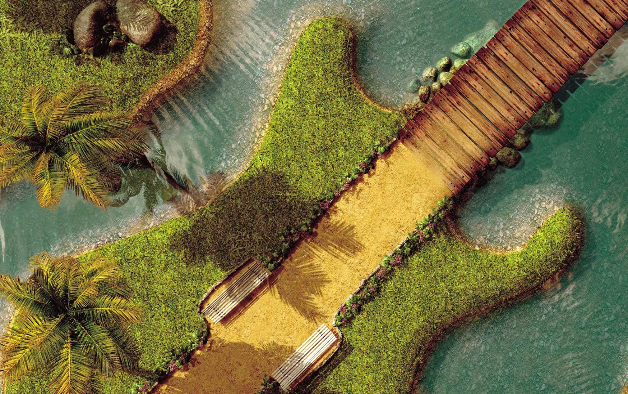 trees, Bridge, Water, Benches, Green Wallpaper
