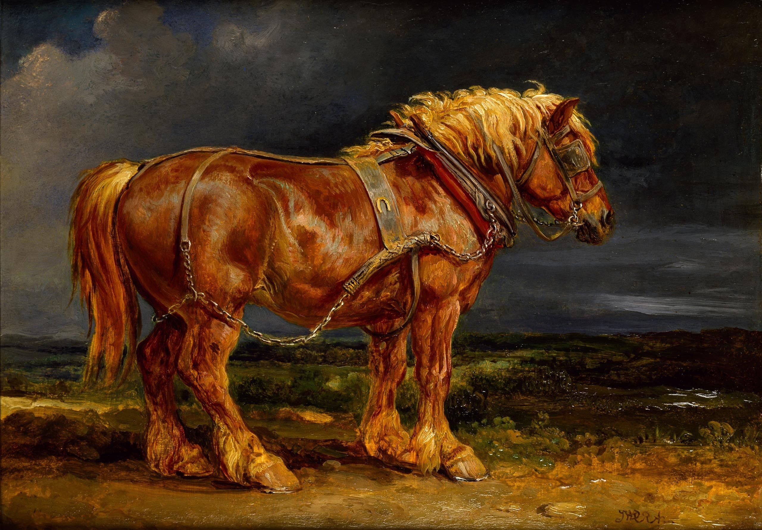 painting, Horse, Chestnut, Harness, Clouds Wallpaper