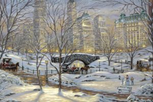 painting, Winter, Snow, Bridge, Snowman, Art