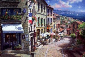 painting, France, Town, Street, Sea, Sailing, Boats, Houses, Porches, Flag, Flashlight, Restaurant, Umbrellas, Bridge, Flowers