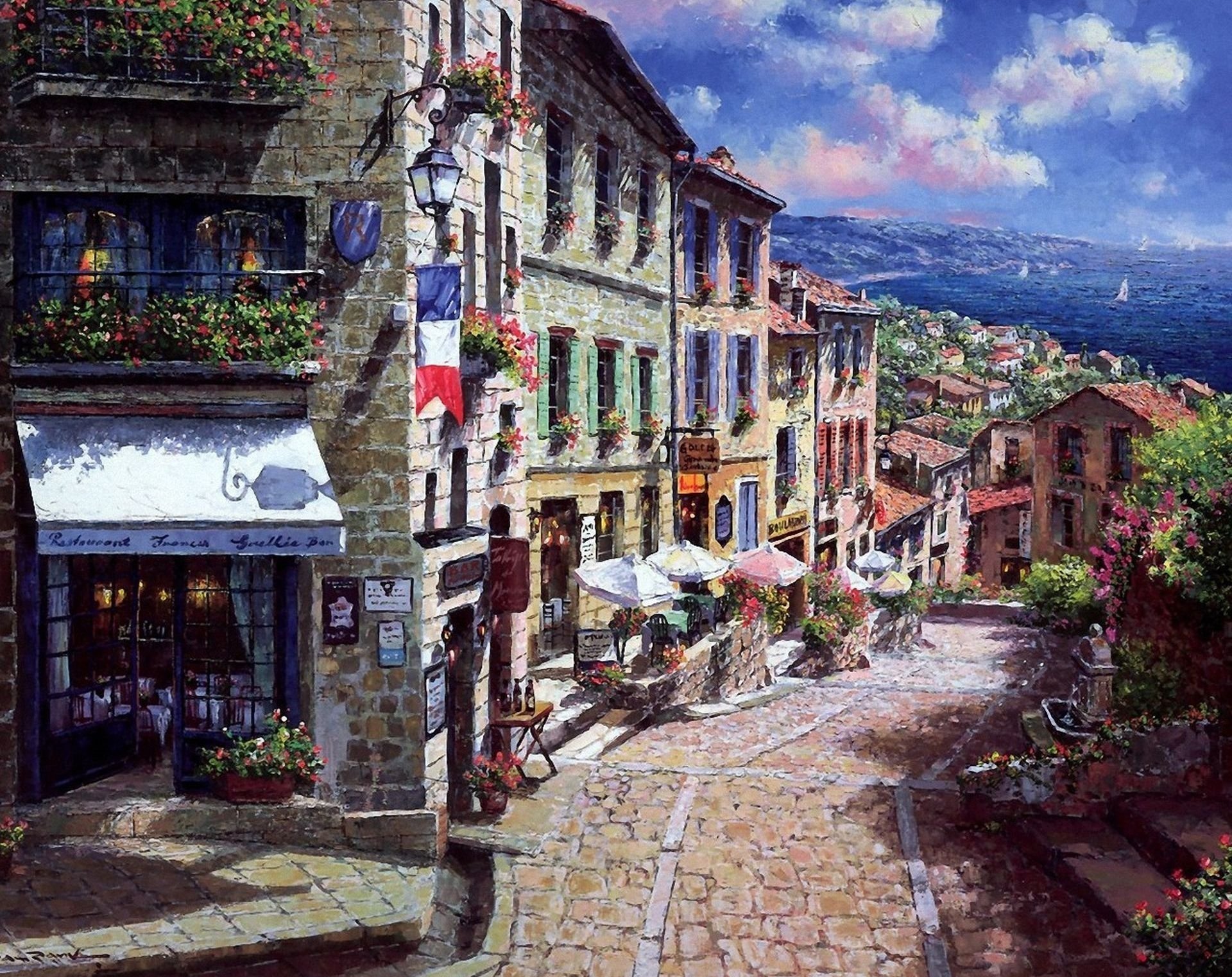 painting, France, Town, Street, Sea, Sailing, Boats, Houses, Porches, Flag, Flashlight, Restaurant, Umbrellas, Bridge, Flowers Wallpaper