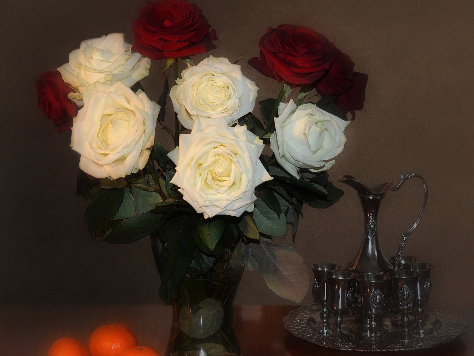 roses, Bouquet, Vase, Orange, Still, Life Wallpaper