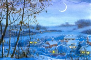 painting, Winter, Village, Home, Night, Month, Snow